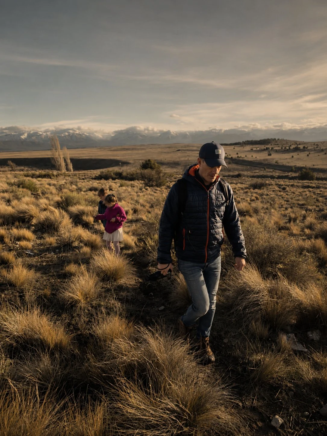 Dan Case hiking through open Patagonia landscape