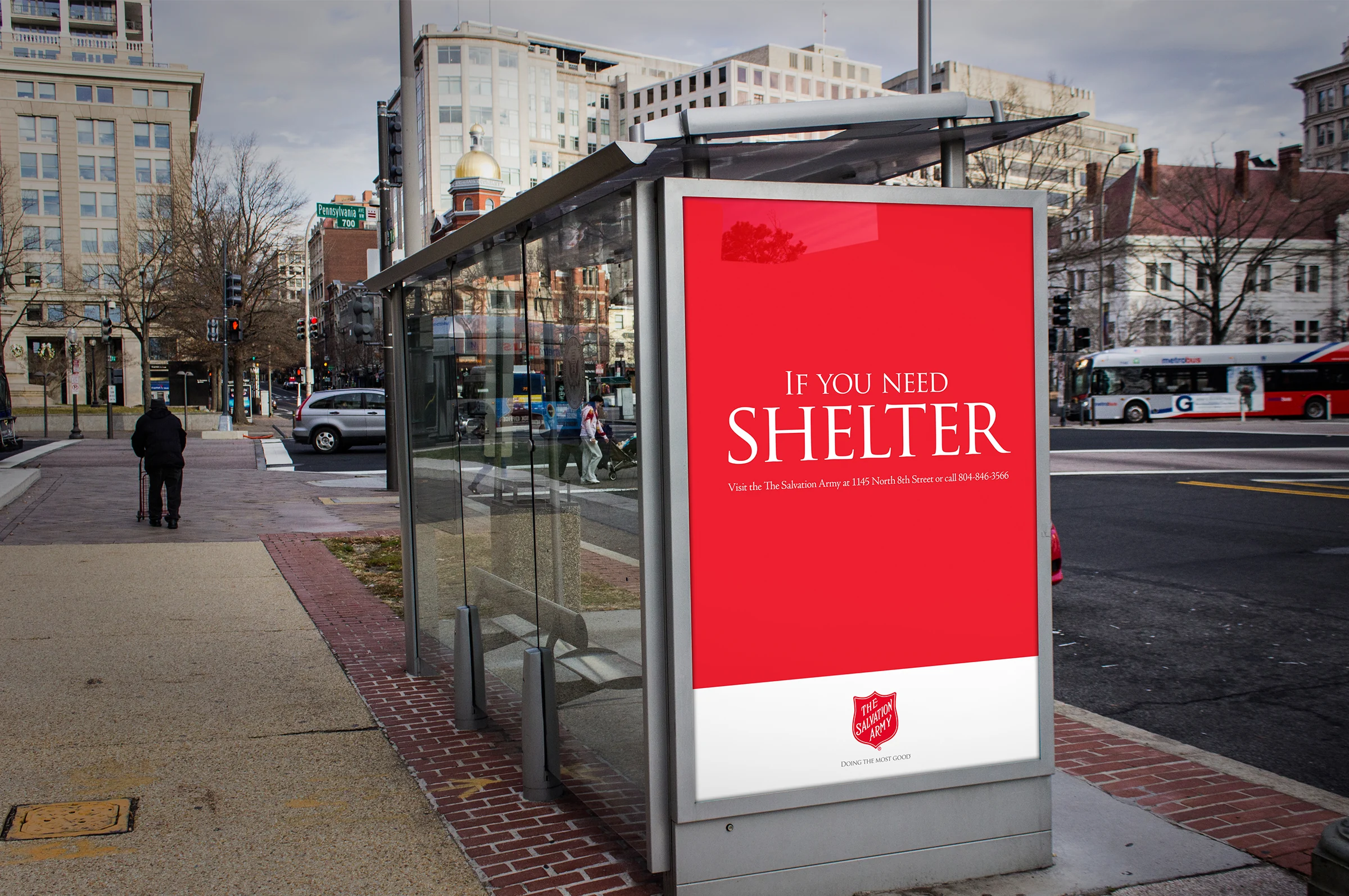 Salvation Army shelter message on a city bus stop