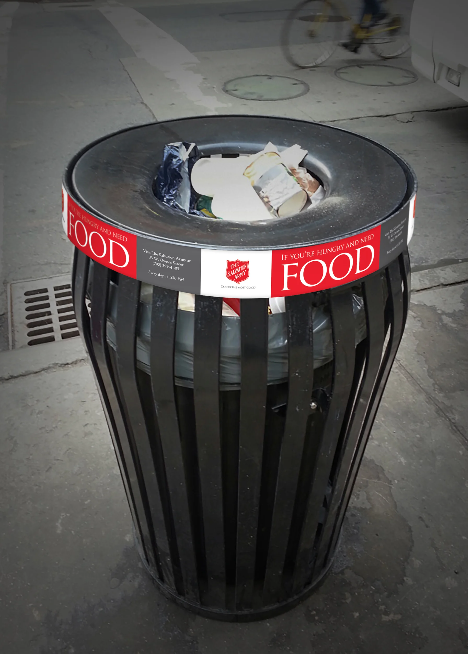 Salvation Army Signs of Hope food message on a trash can